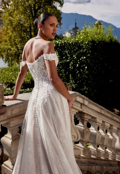 Romantic Off-the-Shoulder A-Line Gown With Scalloped Train by Justin Alexander - Image 4