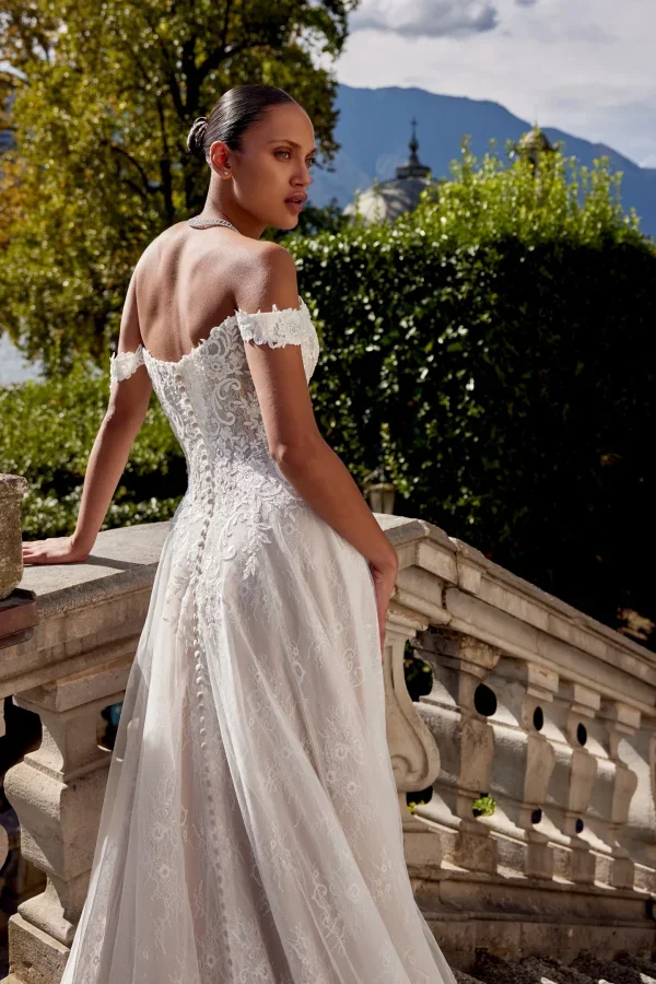 Romantic Off-the-Shoulder A-Line Gown With Scalloped Train by Justin Alexander - Image 4