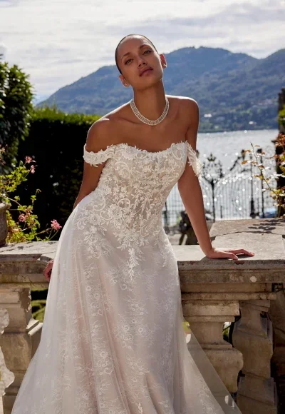 Romantic Off-the-Shoulder A-Line Gown With Scalloped Train by Justin Alexander - Image 3