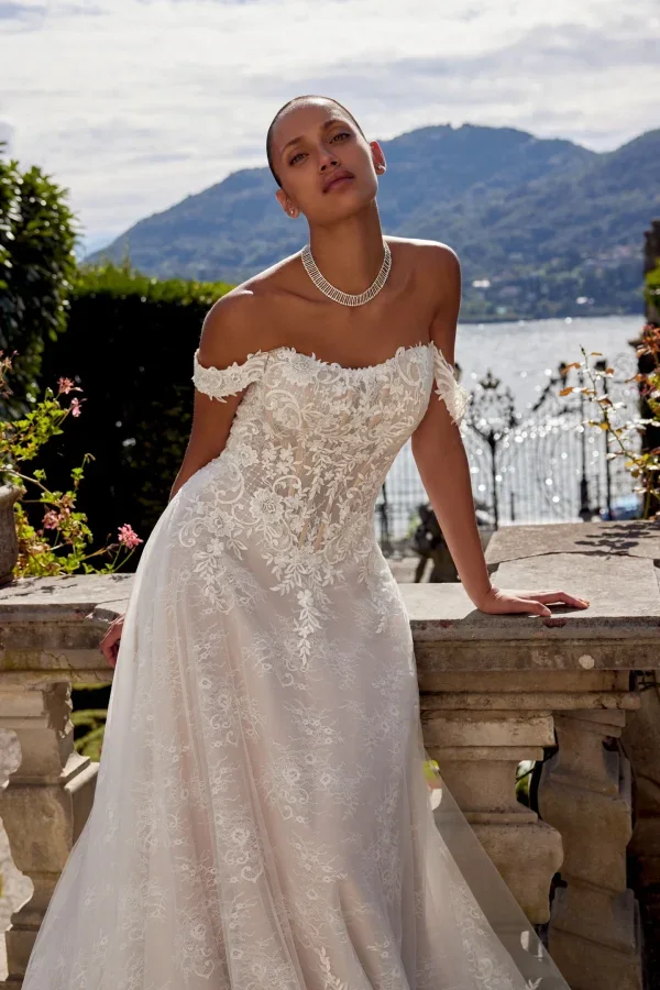 Romantic Off-the-Shoulder A-Line Gown With Scalloped Train by Justin Alexander - Image 3