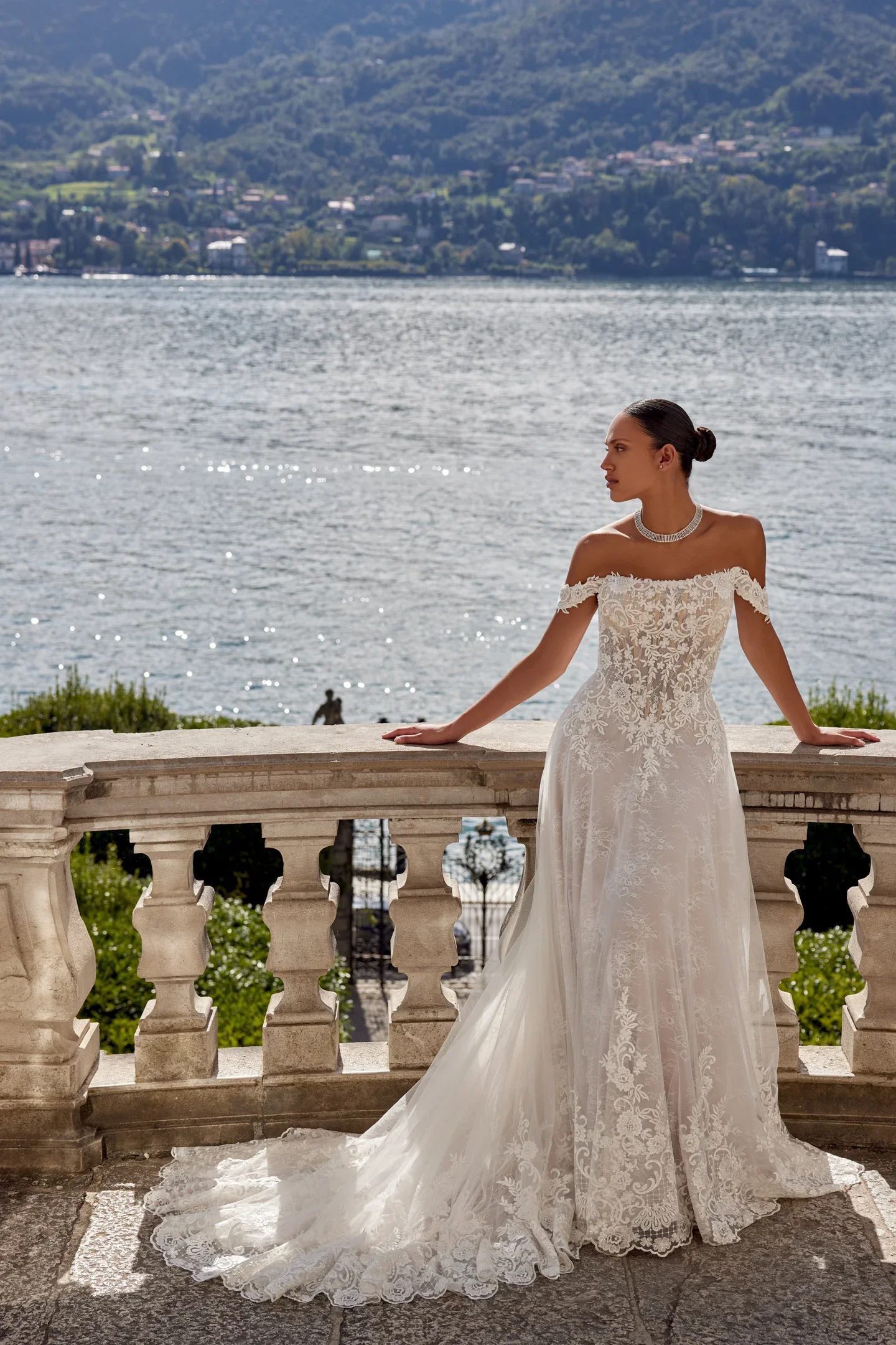 Romantic Off-the-Shoulder A-Line Gown With Scalloped Train