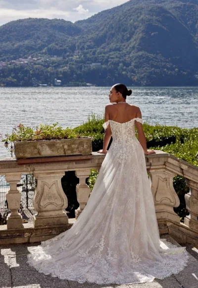 Romantic Off-the-Shoulder A-Line Gown With Scalloped Train by Justin Alexander - Image 2