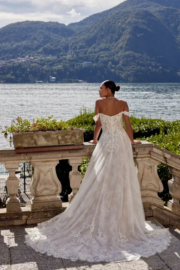 Romantic Off-the-Shoulder A-Line Gown With Scalloped Train by Justin Alexander - Image 2