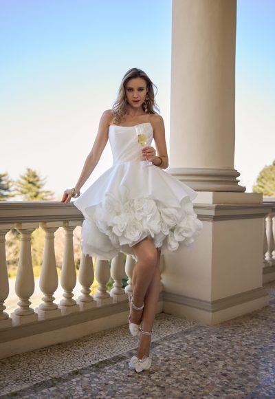 Playful And Romantic 3D Floral Bridal Mini Dress by Randy Fenoli
