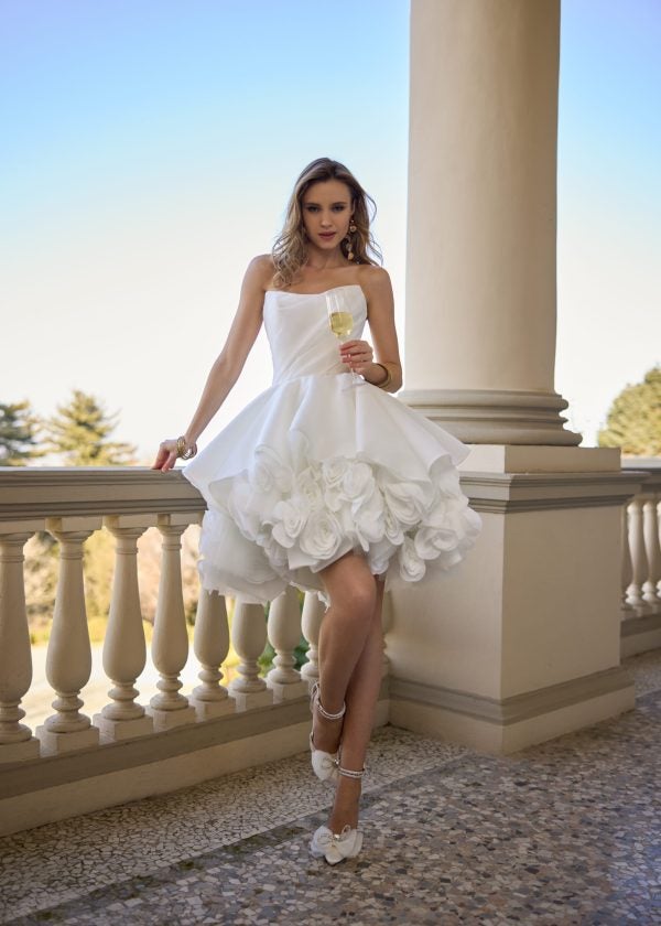 Playful And Romantic 3D Floral Bridal Mini Dress by Randy Fenoli - Image 1