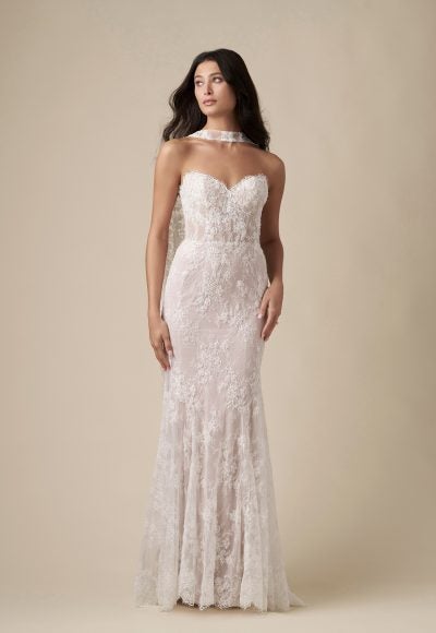 Chic And Romantic Lace Sheath Wedding Dress With Neck Scarf by Danielle Caprese