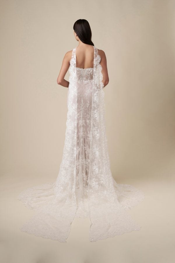 Chic And Romantic Lace Sheath Wedding Dress With Neck Scarf by Danielle Caprese - Image 2