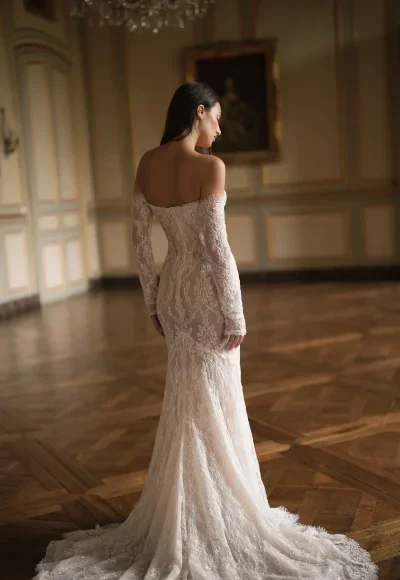 French Lace Mermaid Wedding Dress With Off-The-Shoulder Sleeves by Lee Petra Grebenau - Image 3
