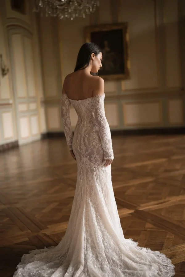 French Lace Mermaid Wedding Dress With Off-The-Shoulder Sleeves by Lee Petra Grebenau - Image 3