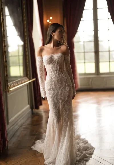 French Lace Mermaid Wedding Dress With Off-The-Shoulder Sleeves by Lee Petra Grebenau