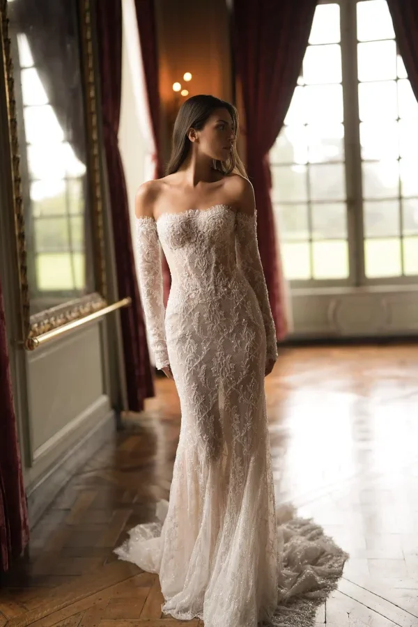French Lace Mermaid Wedding Dress With Off-The-Shoulder Sleeves by Lee Petra Grebenau - Image 1