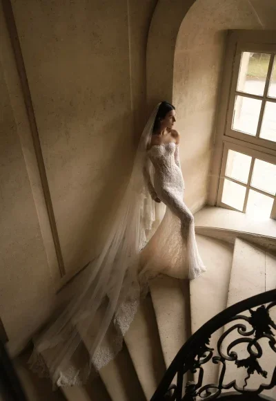 French Lace Mermaid Wedding Dress With Off-The-Shoulder Sleeves by Lee Petra Grebenau - Image 2