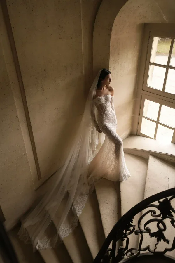 French Lace Mermaid Wedding Dress With Off-The-Shoulder Sleeves by Lee Petra Grebenau - Image 2