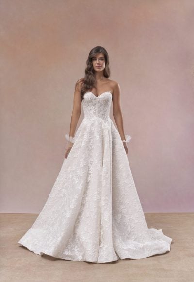 Structured Floral A‑Line Wedding Dress With Corseted Bodice by Maria Farbinni