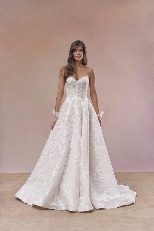 Structured Floral A‑Line Wedding Dress With Corseted Bodice by Maria Farbinni - Image 1