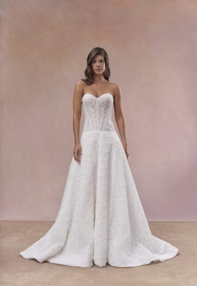 Dramatic Drop‑Waist A‑Line Wedding Dress With Floral Lace by Maria Farbinni