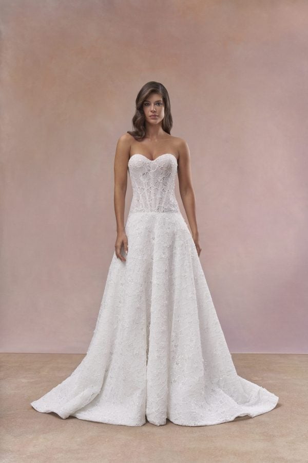 Dramatic Drop‑Waist A‑Line Wedding Dress With Floral Lace by Maria Farbinni - Image 1
