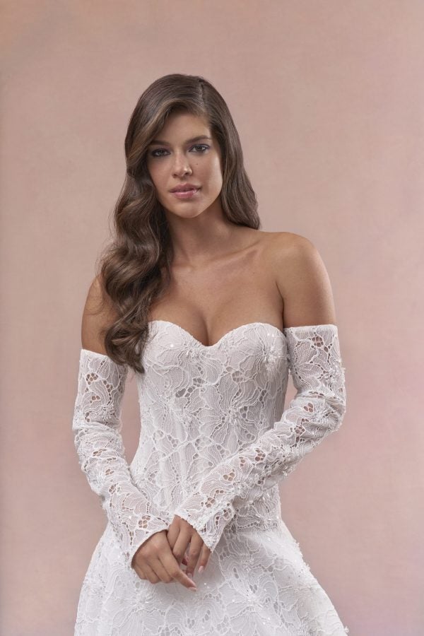 Dramatic Drop‑Waist A‑Line Wedding Dress With Floral Lace by Maria Farbinni - Image 2