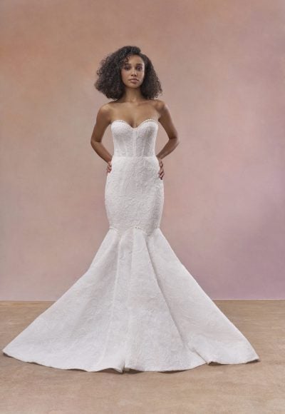Modern Lace Mermaid Gown With Delicate Pearl Accents by Maria Farbinni