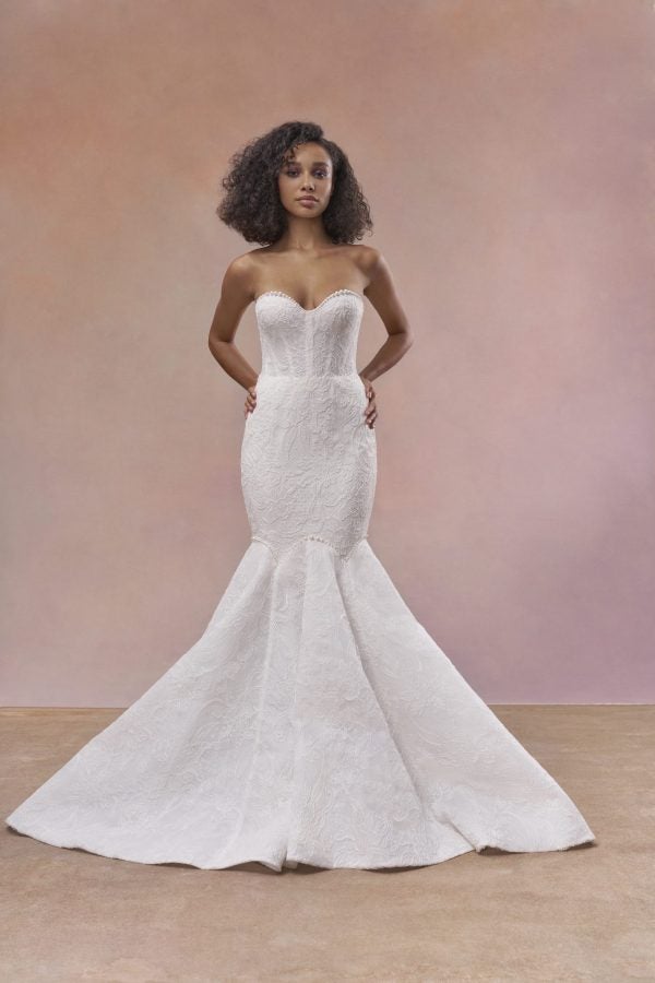 Modern Lace Mermaid Gown With Delicate Pearl Accents by Maria Farbinni - Image 1