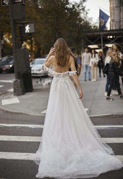 Ethereal And Sparkly Off-The-Shoulder Tulle A-Line Wedding Dress With Slit by Netta BenShabu Elite Couture - Image 3