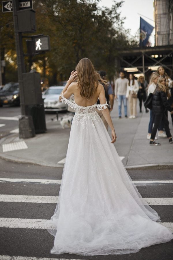 Ethereal And Sparkly Off-The-Shoulder Tulle A-Line Wedding Dress With Slit by Netta BenShabu Elite Couture - Image 3