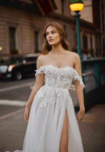 Ethereal And Sparkly Off-The-Shoulder Tulle A-Line Wedding Dress With Slit by Netta BenShabu Elite Couture - Image 2