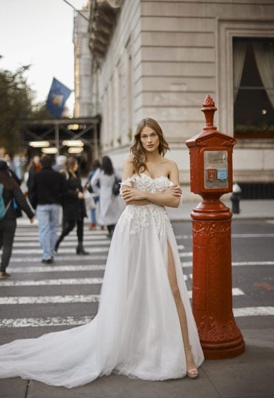 Ethereal And Sparkly Off-The-Shoulder Tulle A-Line Wedding Dress With Slit by Netta BenShabu Elite Couture