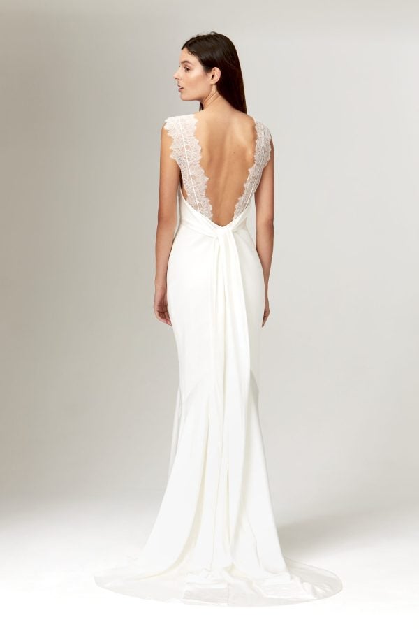 V-Neck Silk Satin Sheath Wedding Dress With Open Back by Savannah Miller - Image 2