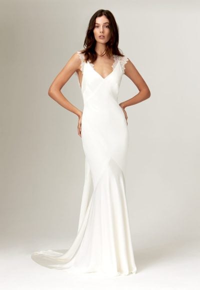 V-Neck Silk Satin Sheath Wedding Dress With Open Back by Savannah Miller