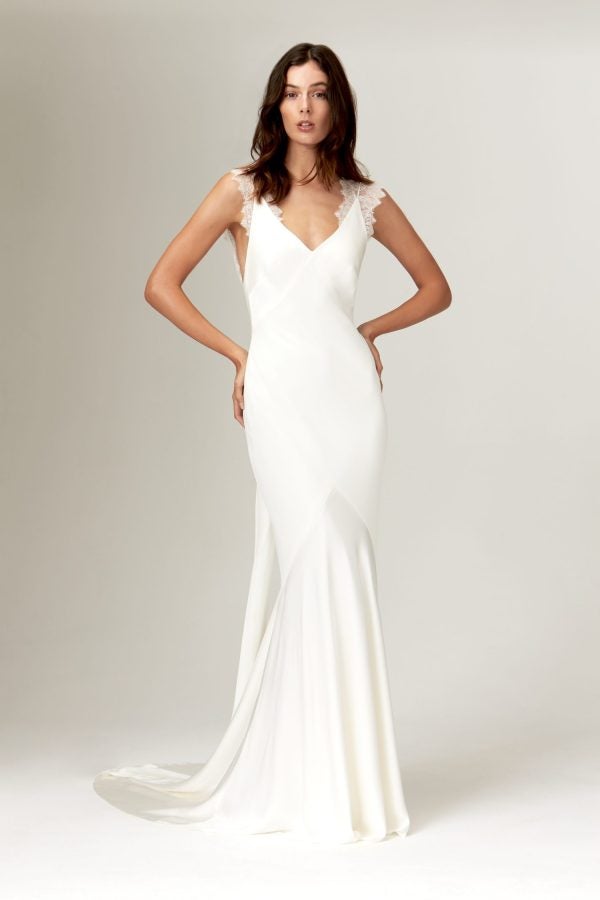 V-Neck Silk Satin Sheath Wedding Dress With Open Back by Savannah Miller - Image 1