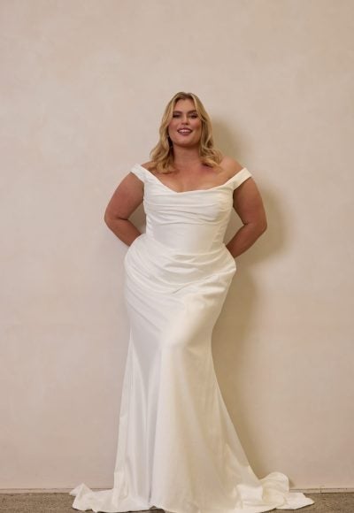 Satin Off-The-Shoulder Fit And Flare Wedding Dress by Trish Peng