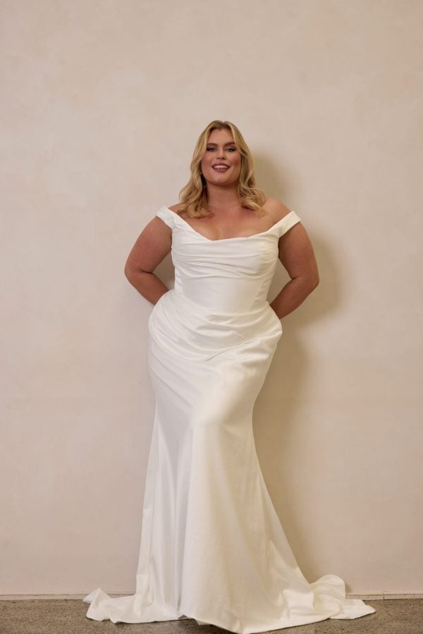 Satin Off-The-Shoulder Fit And Flare Wedding Dress by Trish Peng - Image 1