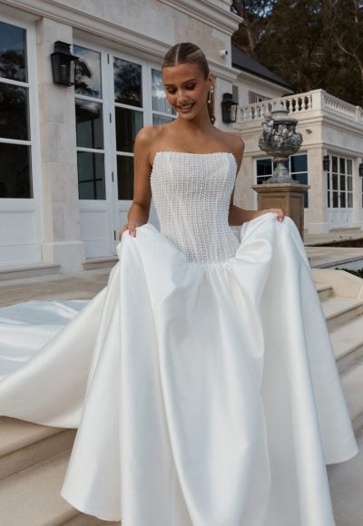 Beaded Structured Bodice Ball Gown With Drop Waist by Jane Hill