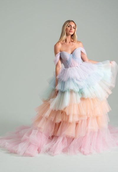 Off-The-Shoulder Multi-Colored Rainbow Tulle Ball Gown by Hayley Paige