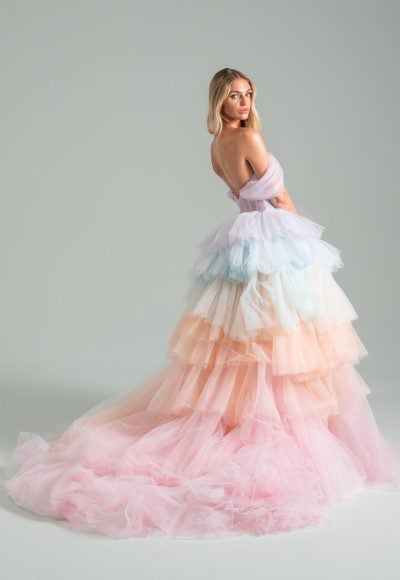 Off-The-Shoulder Multi-Colored Rainbow Tulle Ball Gown by Hayley Paige - Image 2