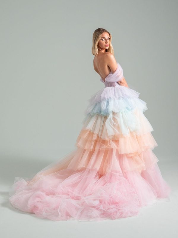 Off-The-Shoulder Multi-Colored Rainbow Tulle Ball Gown by Hayley Paige - Image 2