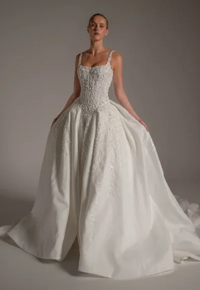 Dramatic Beaded Ball Gown With Basque Waist by Blanche Bridal