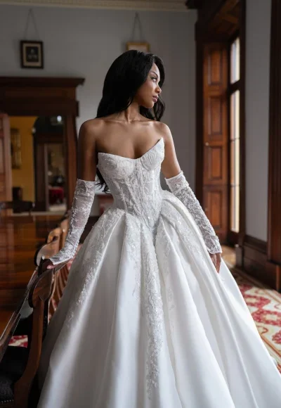 Beaded Mikado Ball Gown With Open Basque Waist by Blanche Bridal