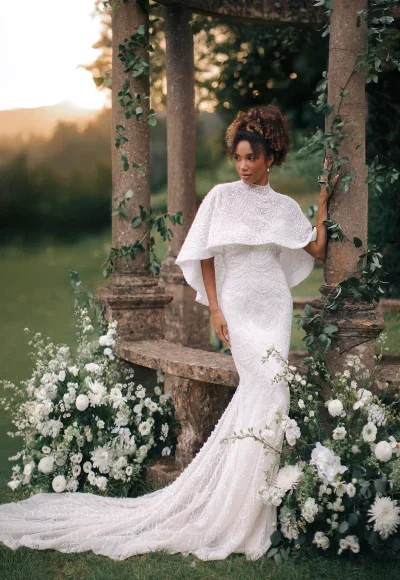 Beaded Sheath Wedding Dress with Cape by Disney Fairy Tale Weddings Collection