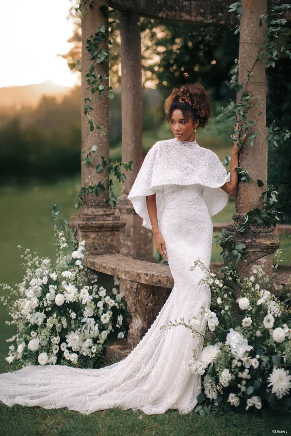 Beaded Sheath Wedding Dress with Cape by Disney Fairy Tale Weddings Collection - Image 1