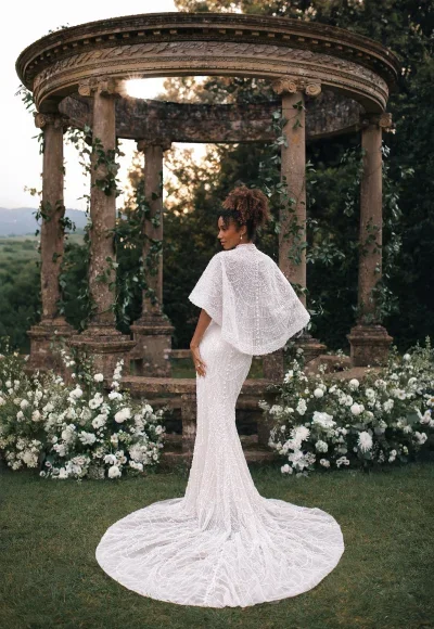 Beaded Sheath Wedding Dress with Cape by Disney Fairy Tale Weddings Collection - Image 5