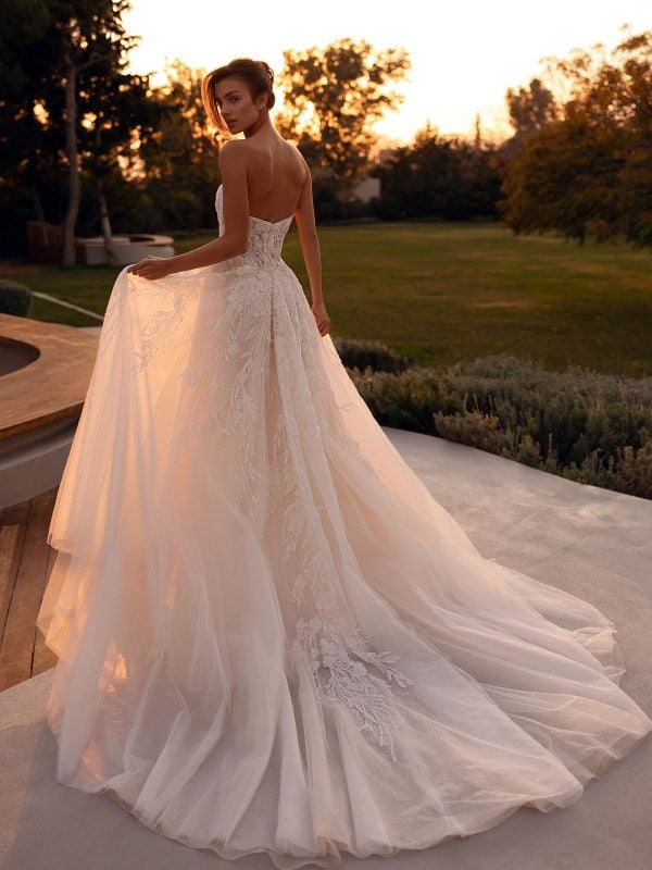 Beaded Lace Strapless A-Line Gown With High Slit by Demetrios - Image 3