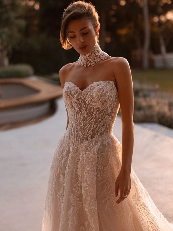 Beaded Lace Strapless A-Line Gown With High Slit by Demetrios - Image 2