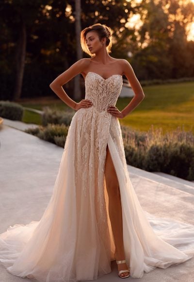 Beaded Lace Strapless A-Line Gown With High Slit by Demetrios