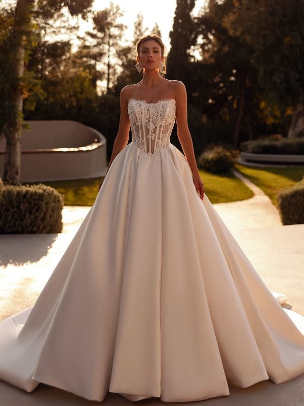 Corseted Lace A‑Line Gown With Mikado Skirt by Demetrios - Image 1