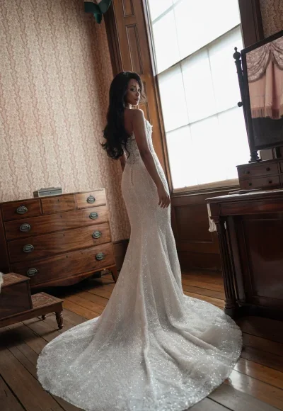 Modern Shimmering Fit‑to‑Flare Gown With Floral Appliqués by Blanche Bridal - Image 4