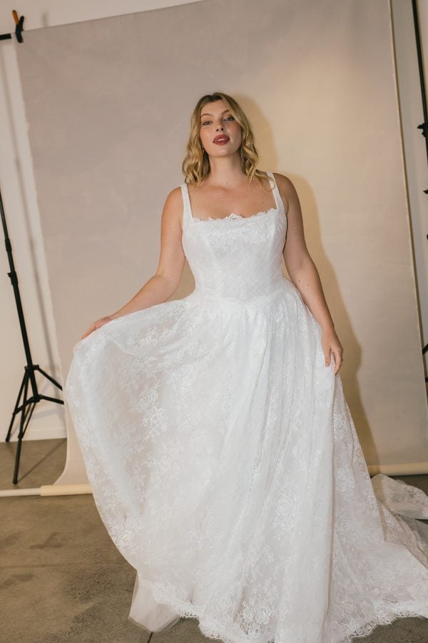 Sparkle Lace A‑Line Gown With Pleated Tulle And Square Neckline by Hera Couture - Image 1