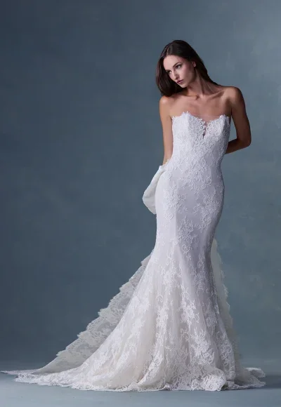 Lace Strapless Fit-and-Flare Gown With Bow Detail by Heritage by Ines Di Santo