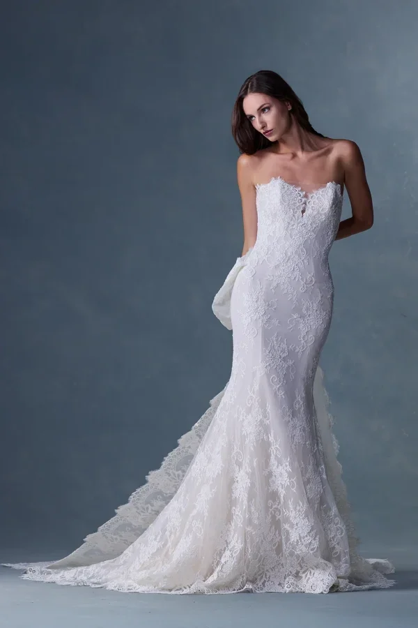 Lace Strapless Fit-and-Flare Gown With Bow Detail by Heritage by Ines Di Santo - Image 1